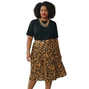 Ava & Viv Animal Print Skirt 2X Silky Golden Brown Leopard Flowy Pleated Pull-On